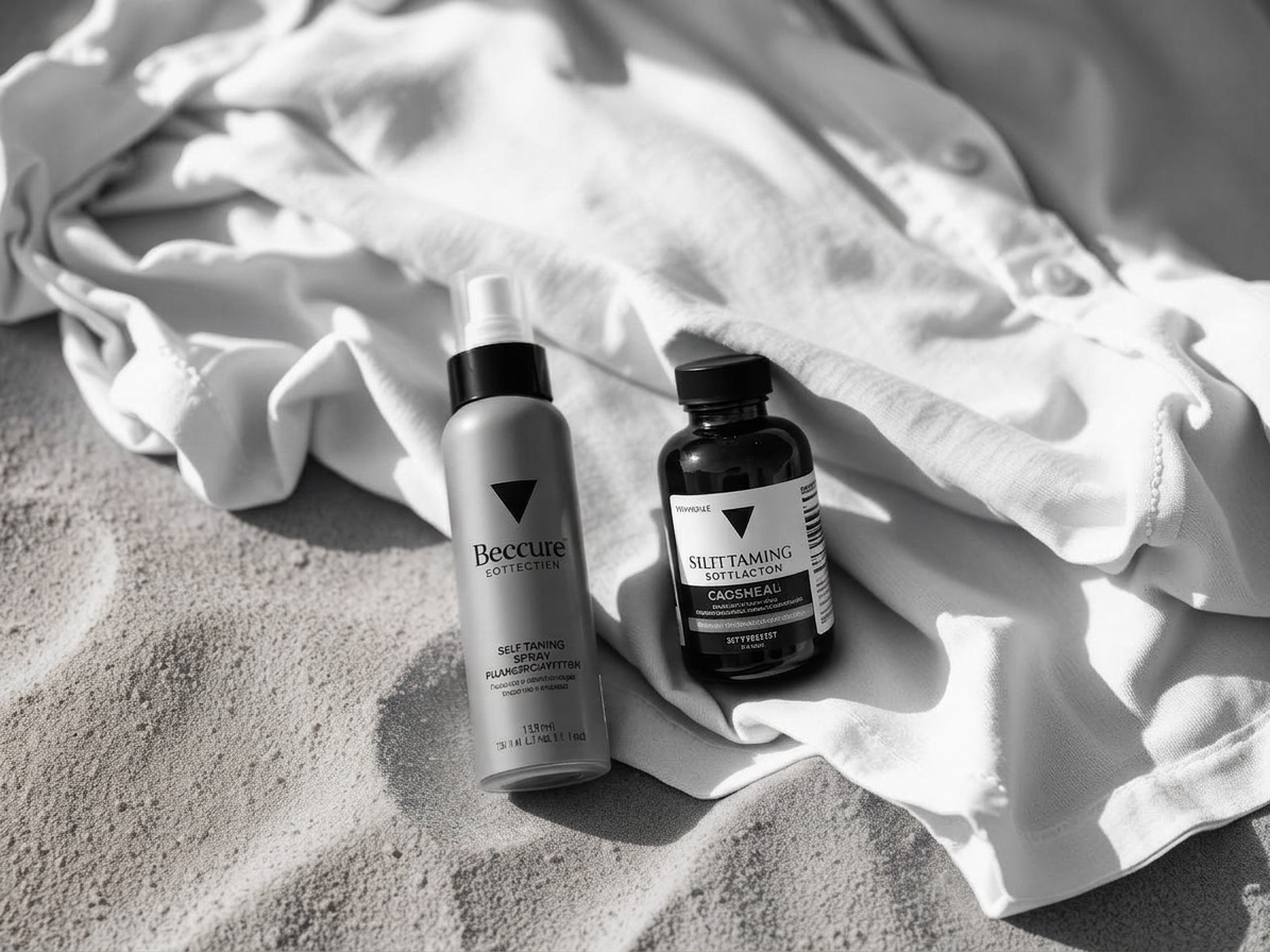 Brun-utan-sol-spray och tablettburk vid sidan av en ihopvikt Solholma-blus
